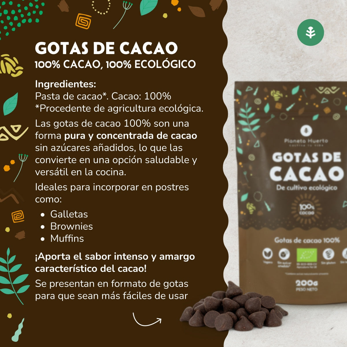 Gouttes de chocolat 100% cacao ECO Planeta Huerto 200 g