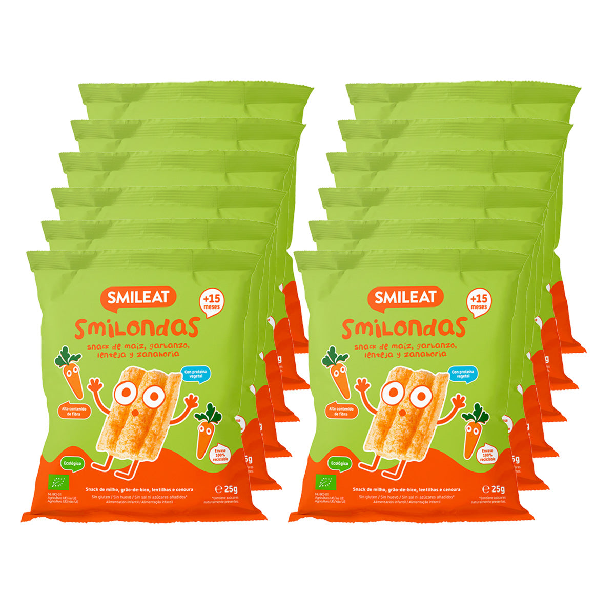 12-pack Smilondas Snack med majs, kikärter, linser och ekologisk morot, Smileat, 25 g