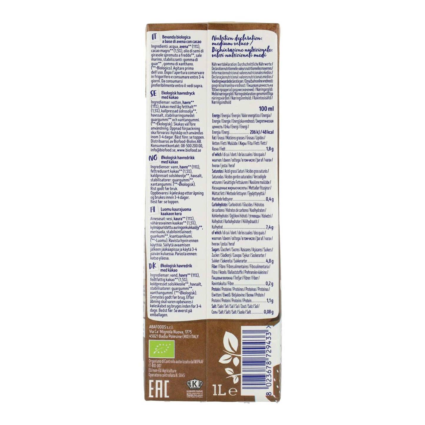 Biologische drank met haver en cacao zonder toegevoegde suikers Isola Bio 1 L