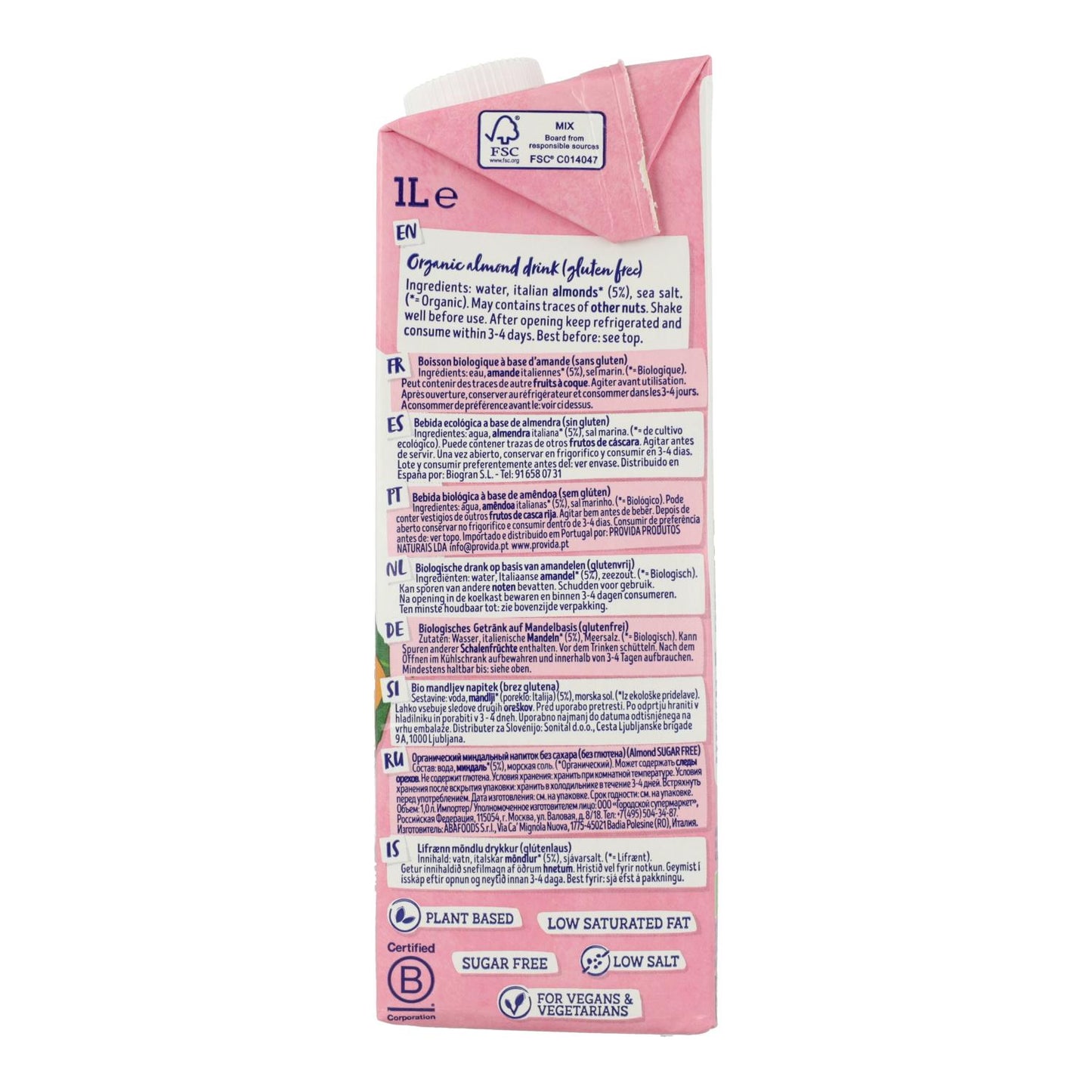 6er-Pack Bio-Mandelmilch ohne Zucker Isola Bio 1 l