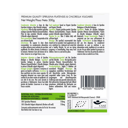 Mix av ekologisk spirulina och chlorella, 600 tabletter Aldous Bio