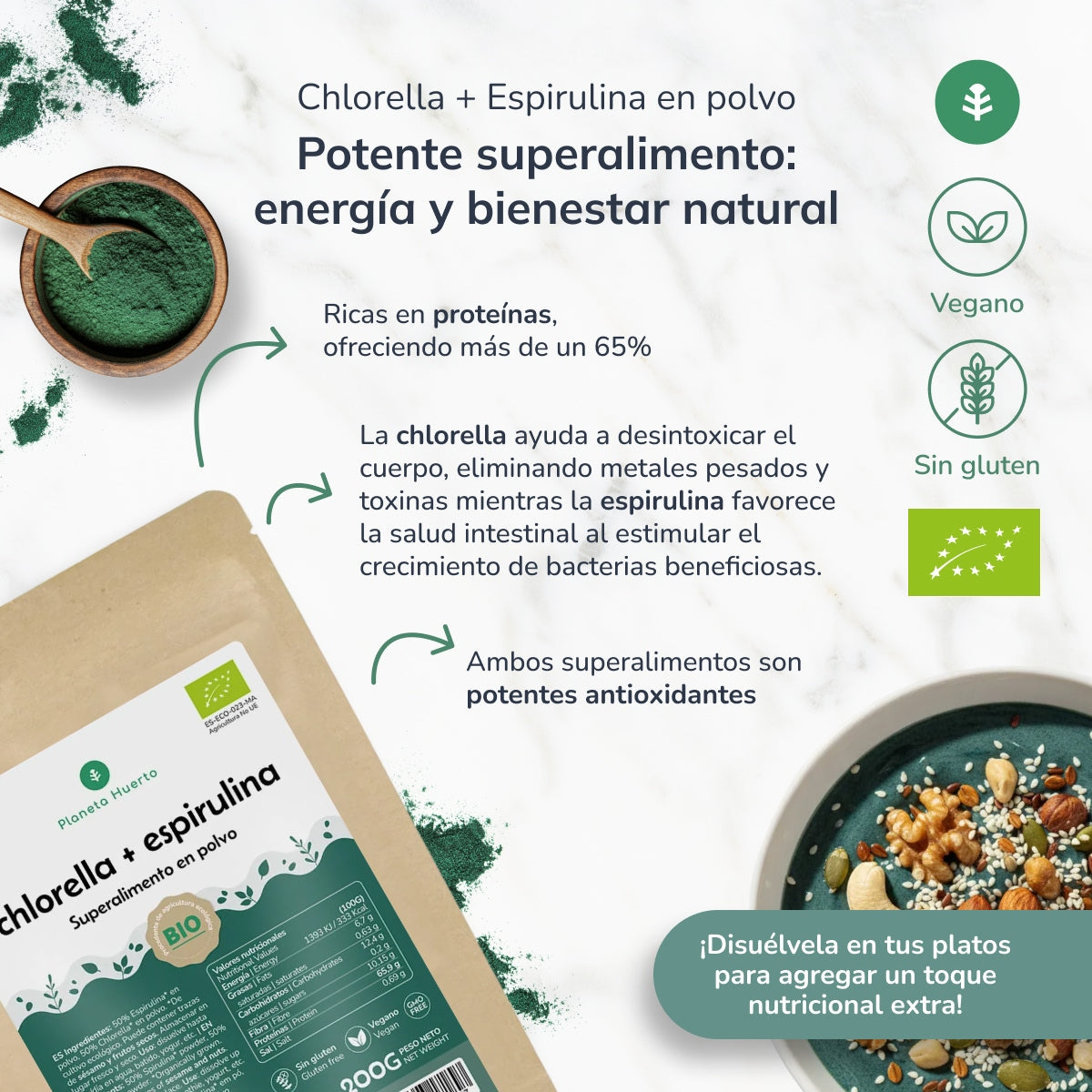 Chlorella + spirulina w proszku Planeta Huerto 200 g