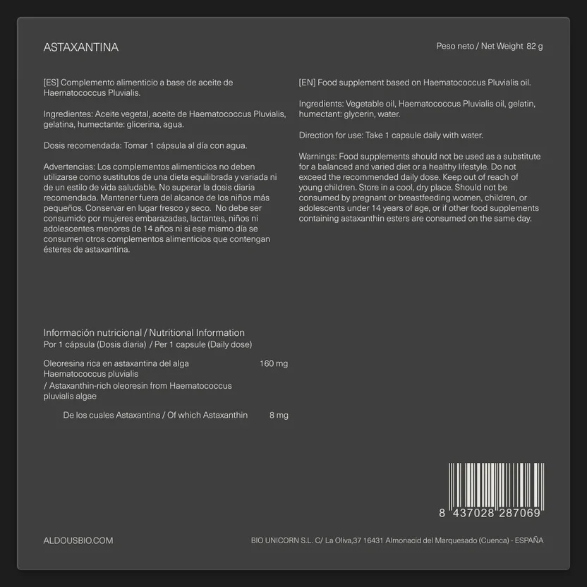 Astaxanthine naturelle pure 8 mg, 160 mg Huile riche en astaxanthine Aldous Bio 120 perles