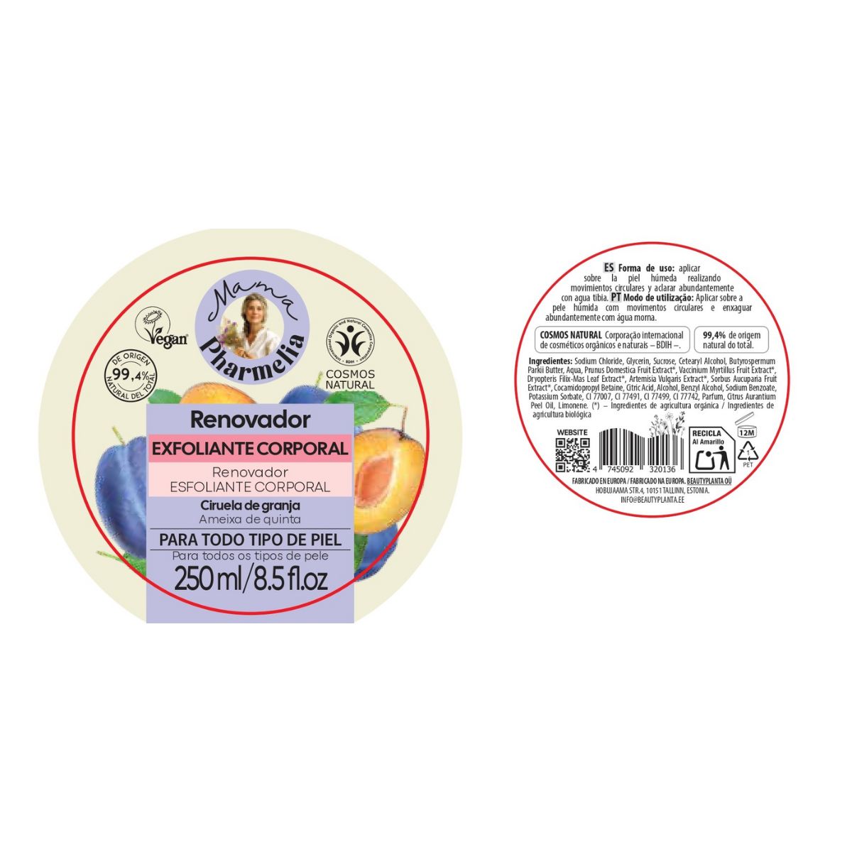 Gommage corporel régénérant à la prune de ferme, Mama Pharmelia, 250 ml