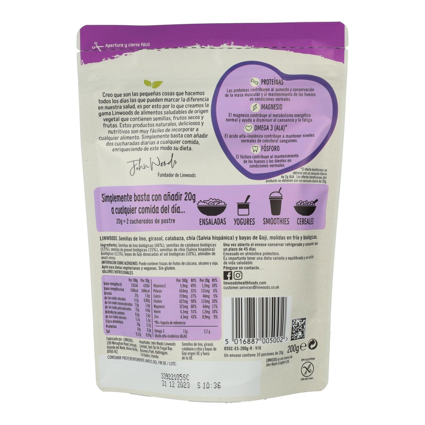 Gemahlene Bio-Samen aus Leinsamen, Sonnenblumen, Kürbis, Chia und Goji-Beeren – Linwoods  425 g