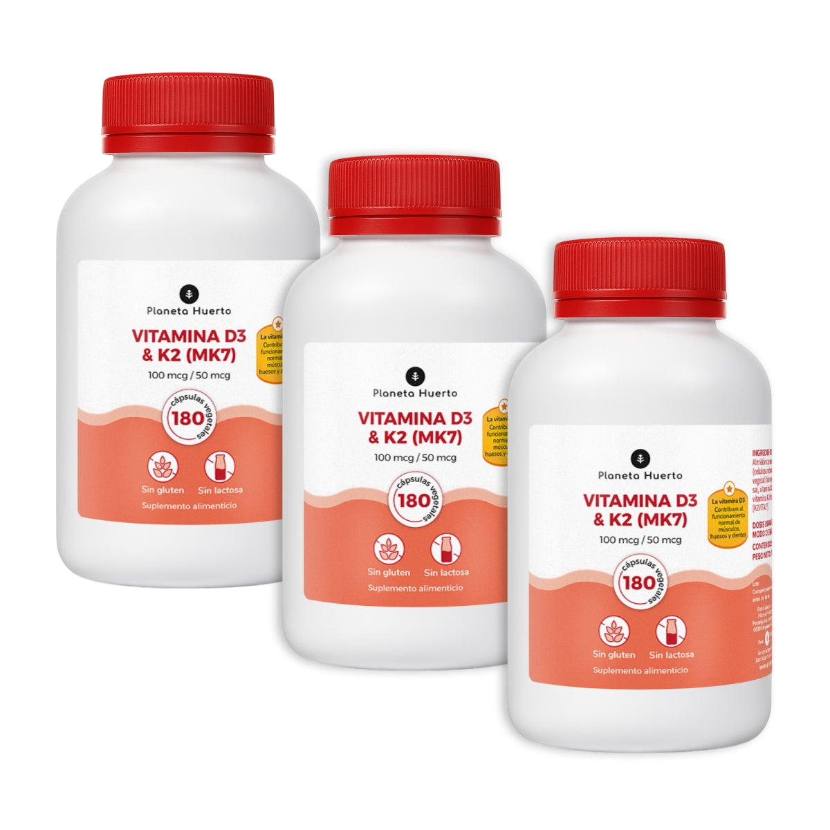Pack 3xVitamine D3 & K2 Mk7 Planeta Huerto 180 Capsules
