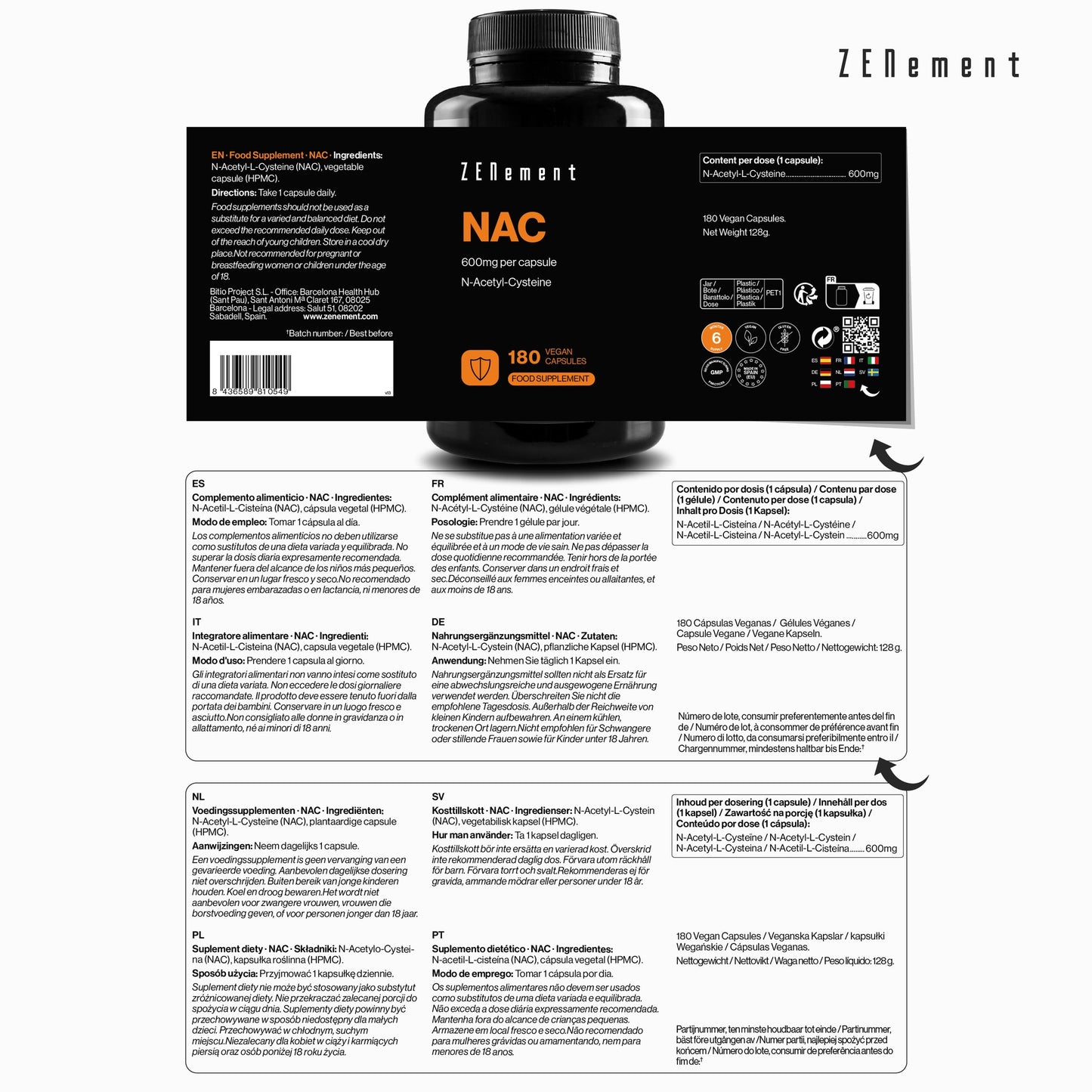 NAC N-Acetyl-Cysteine, 600 mg Zenement, 180 vegan tablets  NAC 600 mg