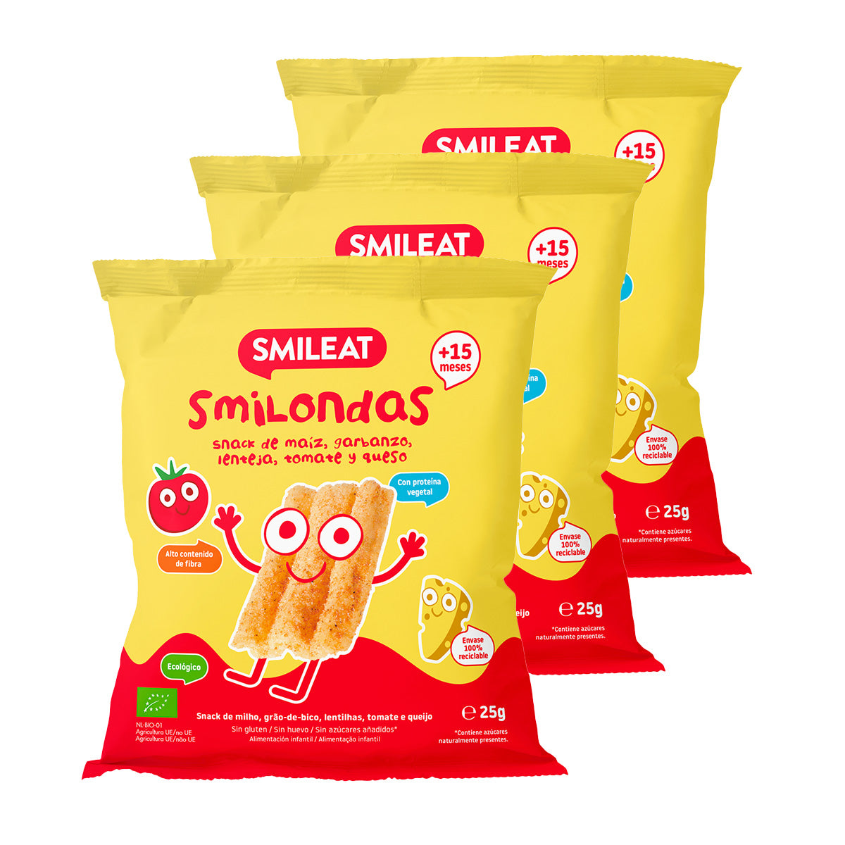 Pakiet 3x Smilondas Snack z kukurydzą, ciecierzycą, soczewicą, pomidorem i serem ekologicznym, Smileat, 25 g