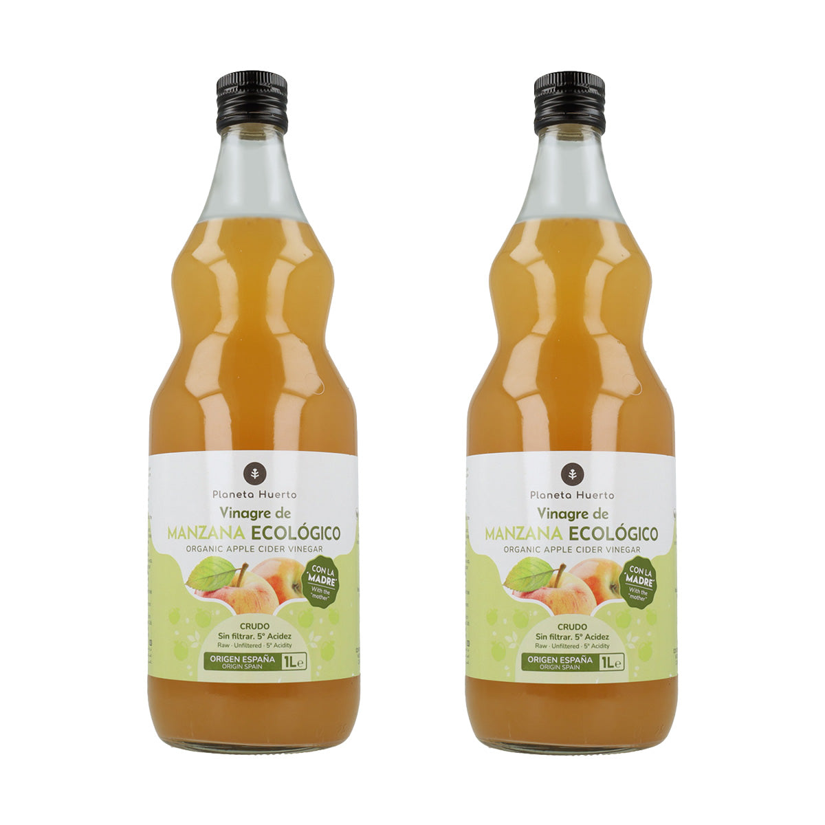 Pack of 2 x Planeta Huerto raw, unfiltered organic apple cider vinegar with the mother 1L