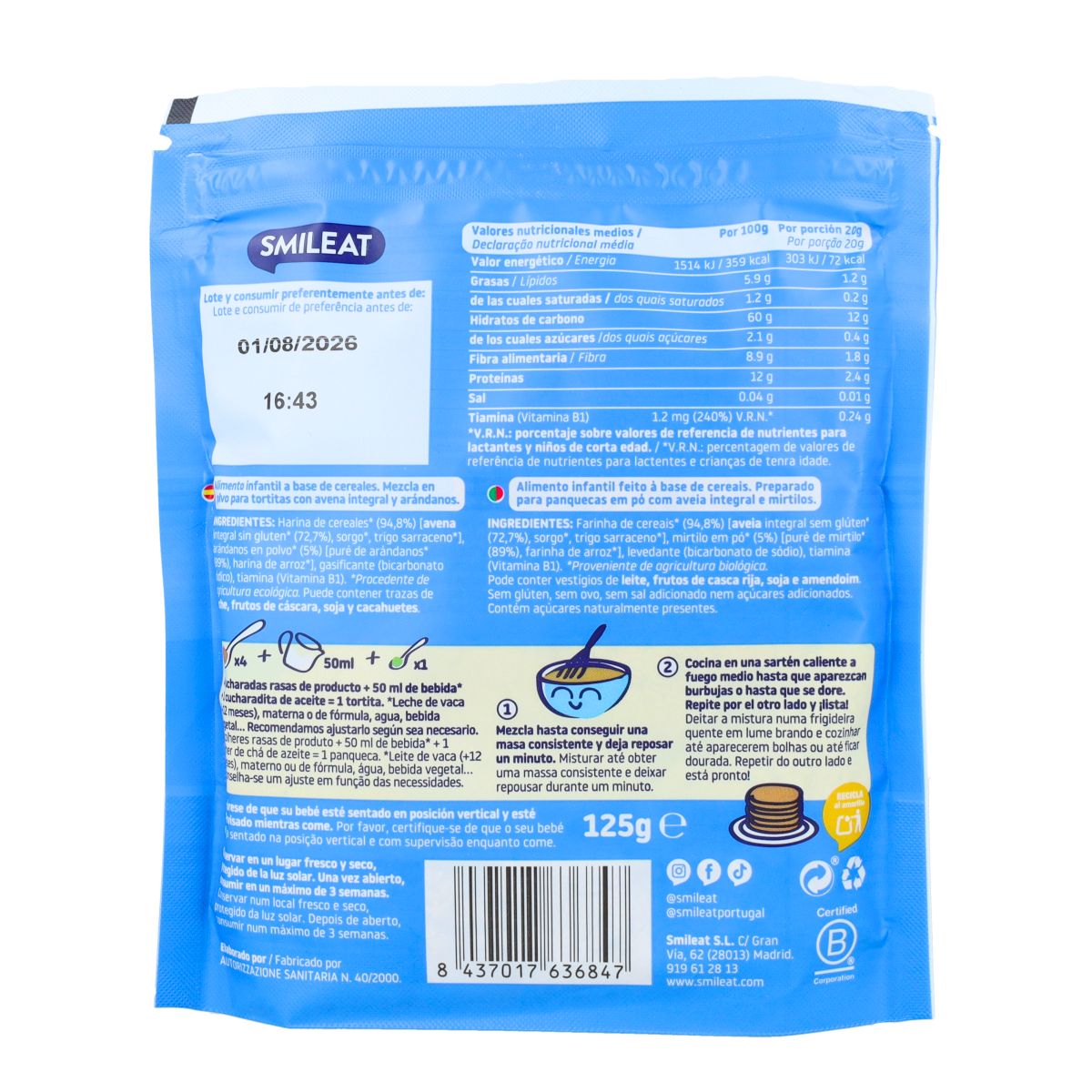 Mix Tortitas Avena integral y arándanos ECO Smileat 125 g