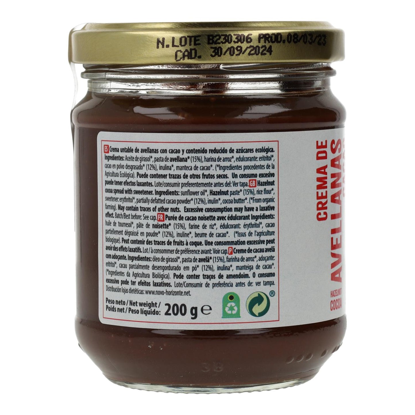 Crème noisette et cacao à teneur réduite en sucre Naturgreen 200 g