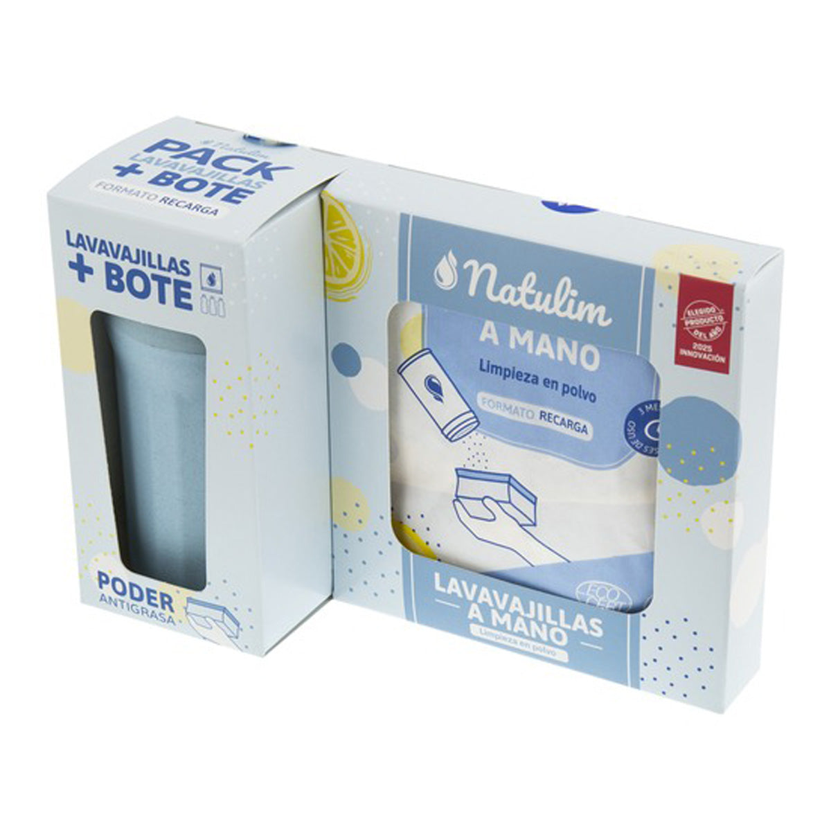 Diskmedel för handdiskning, förpackning (burk + refill) med citrondoft, Natulim