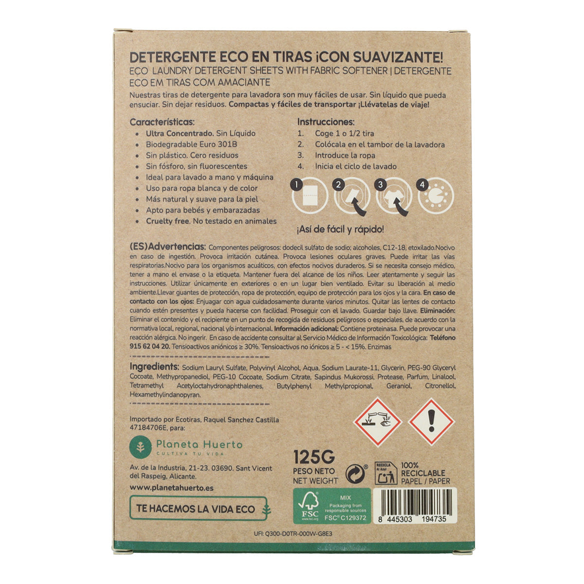 Pakket 2x Eco-strips wasmiddel en wasverzachter Planeta Huerto 80 wasbeurten