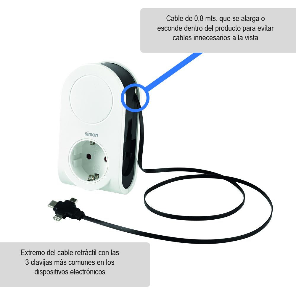 Adaptateur avec 3 fiches USB, câble enroulable + 1 port USB vers + 1 prise 16 A Simon