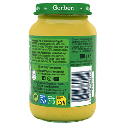 Petit pot de purée bio pour bébés aux petits pois, pommes de terre et poulet Gerber 190 g