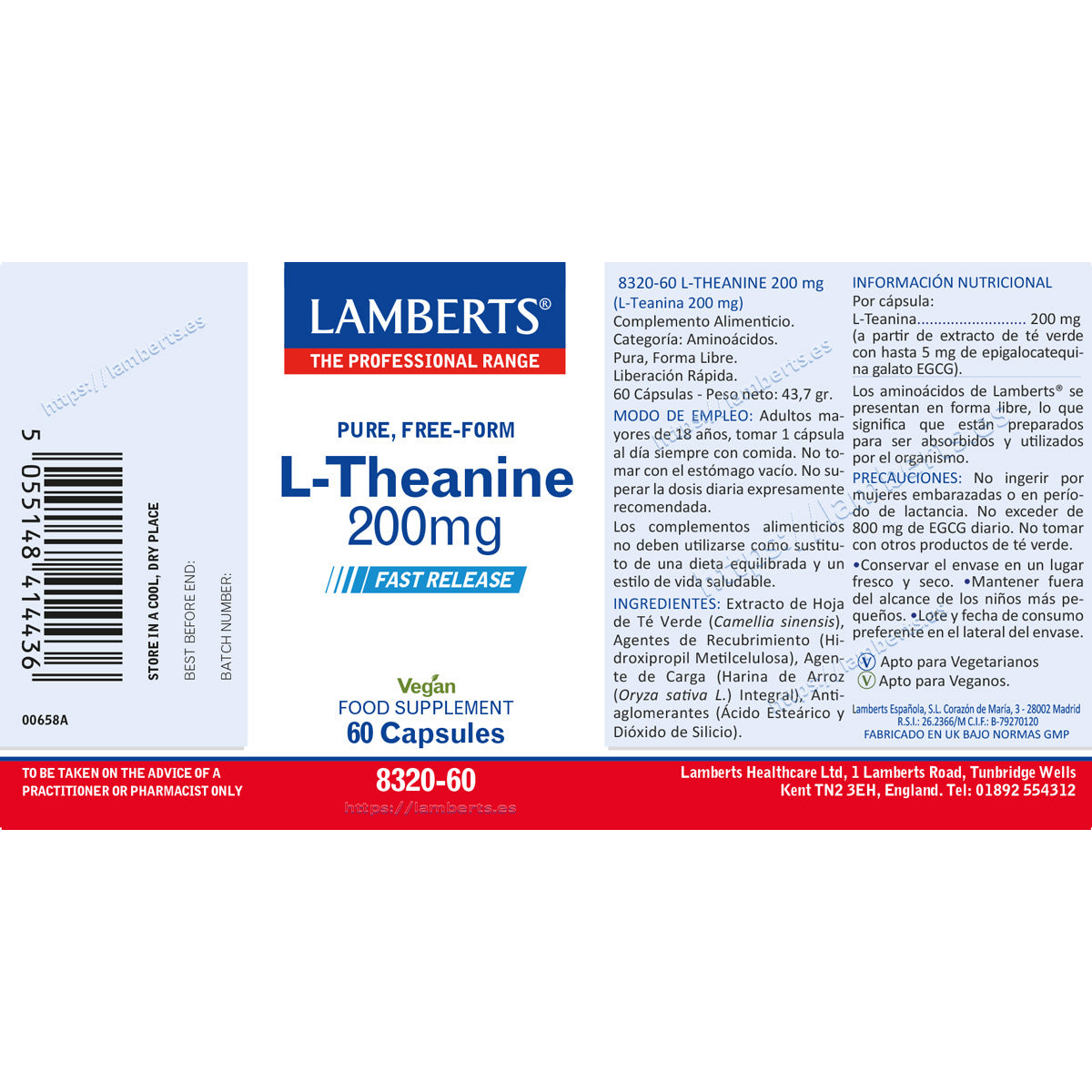 L-teanina 200 mg, Lamberts, 60 kapsułek