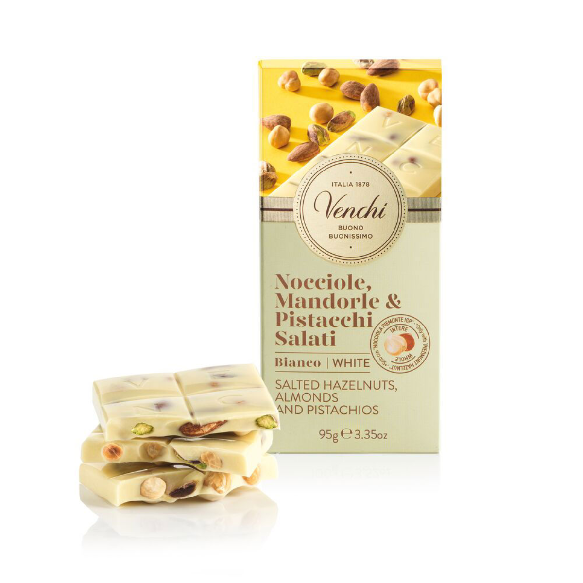 Witte chocoladereep met hele hazelnoten IGP Piemonte, pistachenoten en amandelen Venchi 95 g