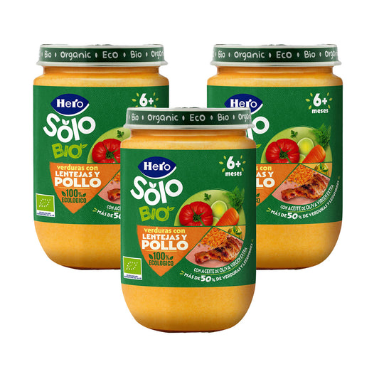 Pack 3x Tarrito de Verduras con lentejas y pollo Hero Baby SOLO 190 g