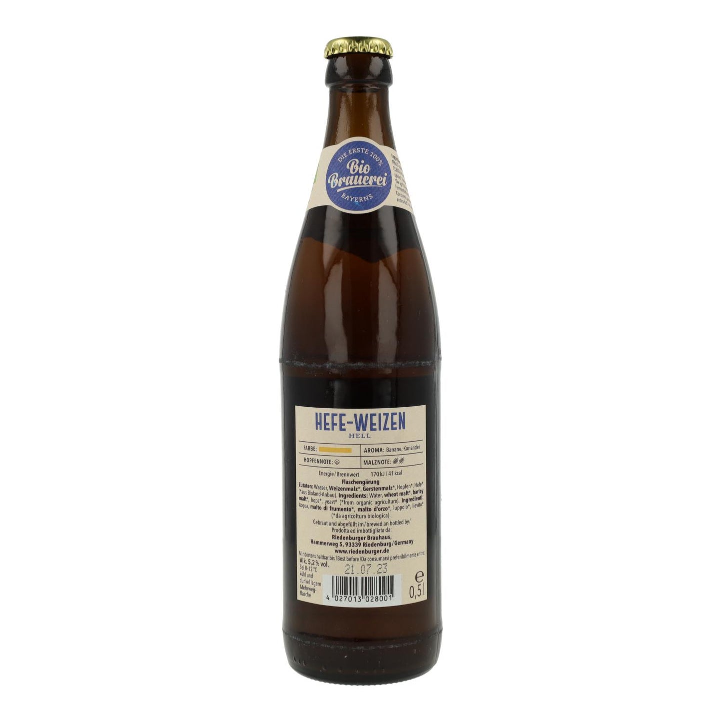 Cerveza Ecológica Weiss de Trigo Riedenburger 50cl