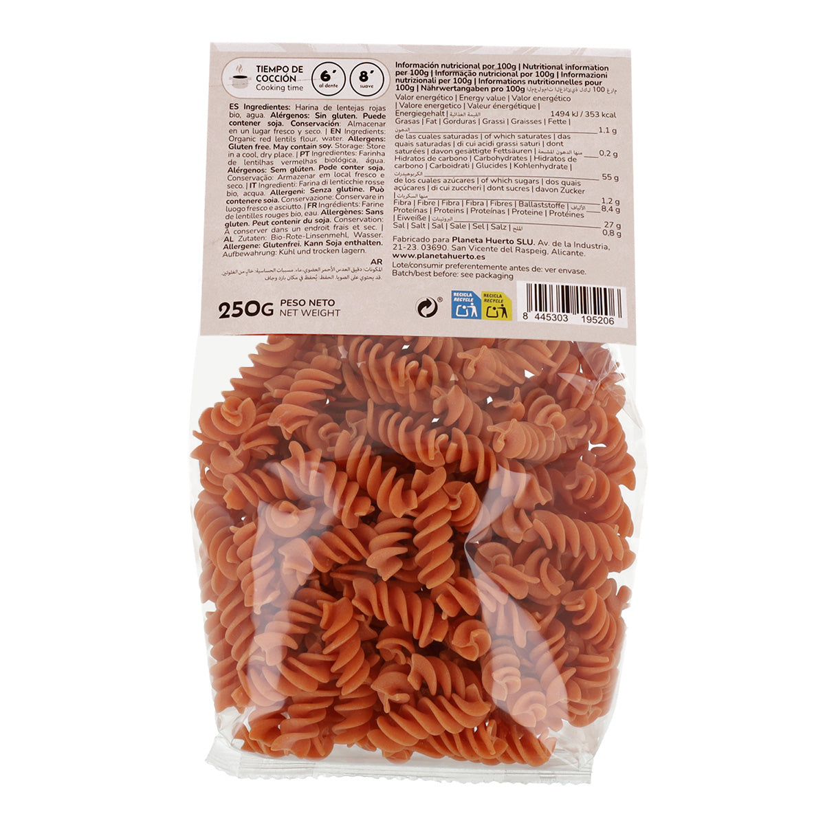 Spirales de lentilles ECO sans gluten Planeta Huerto 250 g