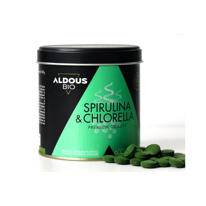 Mix av ekologisk spirulina och chlorella, 600 tabletter Aldous Bio