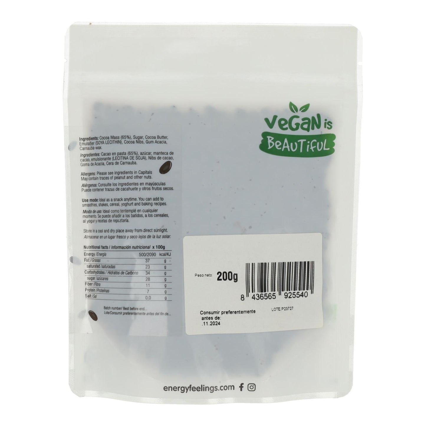 CHOCOLATE-COATED NIBS: (200 g) Doypack