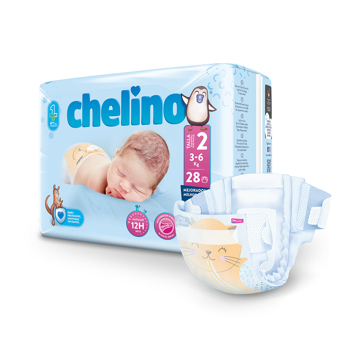 Pakket 6 x Luiers T2 Pasgeboren (3-6 kg) 28 stuks, Chelino