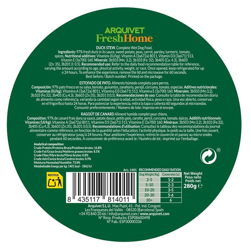 Arquivet Fresh Home Duck Stew Natvoer voor honden met eend 280 g