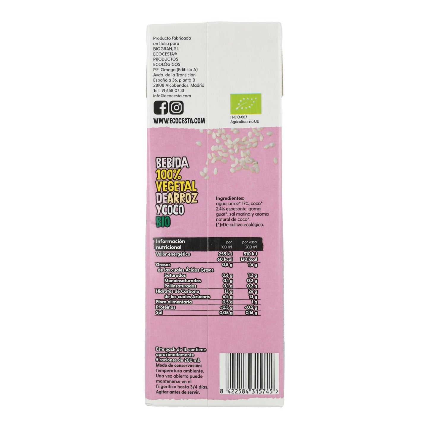 Pakket 6x Biologische rijst- en kokosdrank zonder toegevoegde suikers, Ecocesta, 1 l