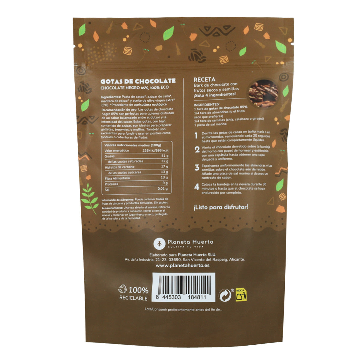 Gocce di cioccolato 85% cacao ECO Planeta Huerto 200 g