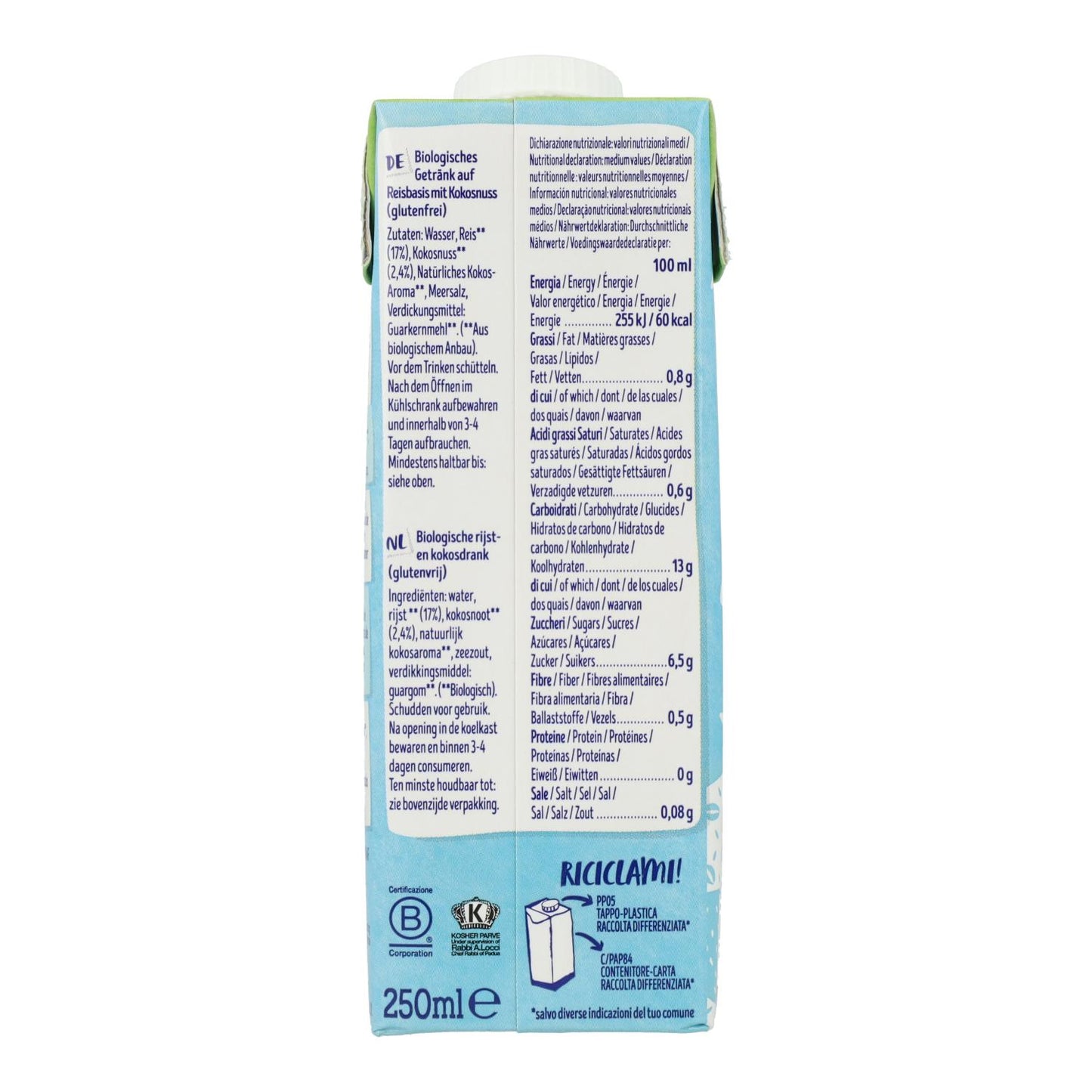 Pack 24 uds Bebida de Arroz y Coco ecológica Bio Isola BIO 250 ml