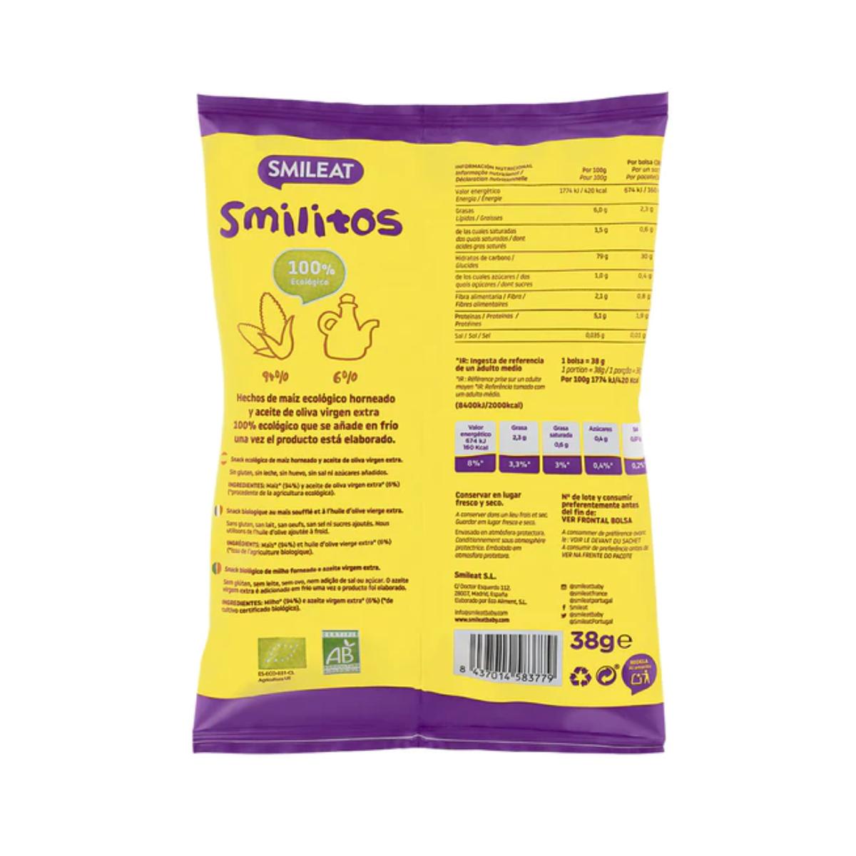 Pakket 12x Smilitos, biologische maïssnoepjes Smileat, 38 g