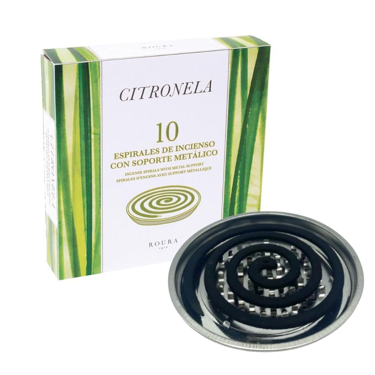 Espiral antimosquitos citronela con soporte metálico 10 ud Roura