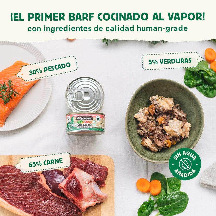Pakket BARF-blikjes zalm en rundvlees voor katten 6 x 120 g Wild Balance