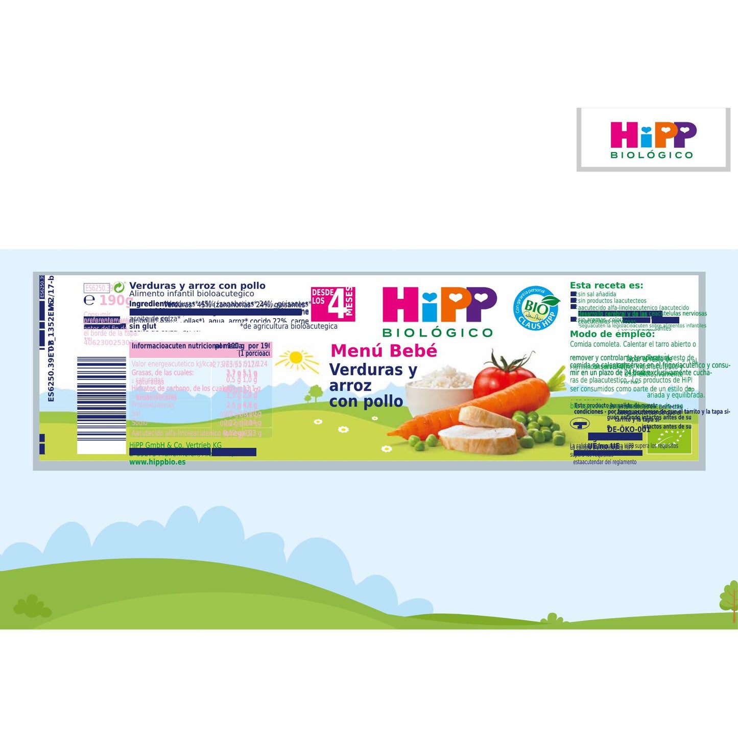 Pack of 3 jars of organic vegetables and rice with chicken for babies aged 4 months and older, HiPP, 190 g