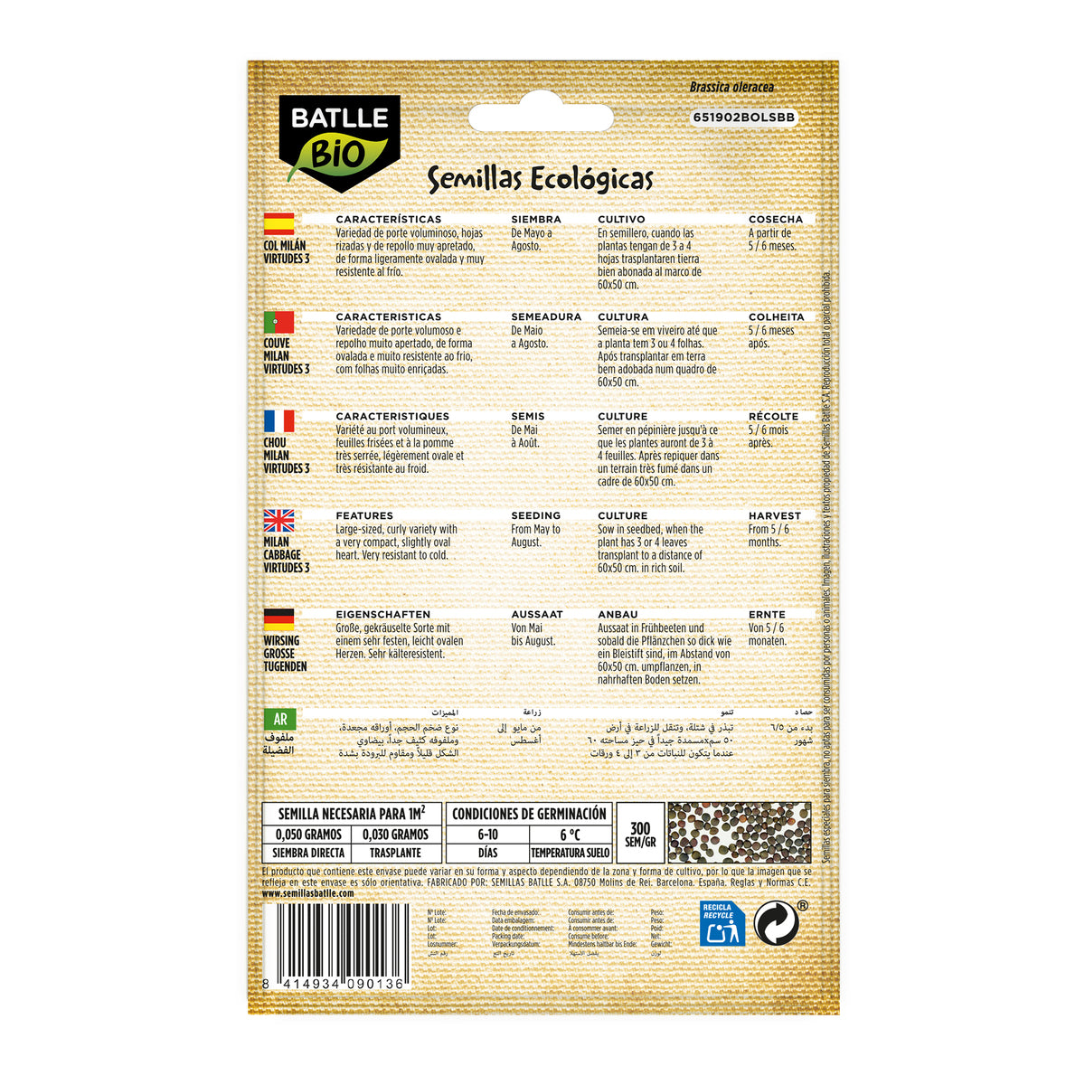 Graines de chou Milan Virtudes 3 écologiques Batlle