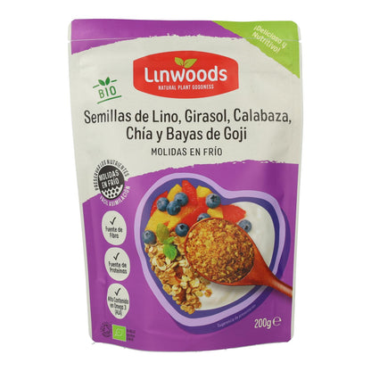 Gemahlene Bio-Samen aus Leinsamen, Sonnenblumen, Kürbis, Chia und Goji-Beeren – Linwoods  425 g