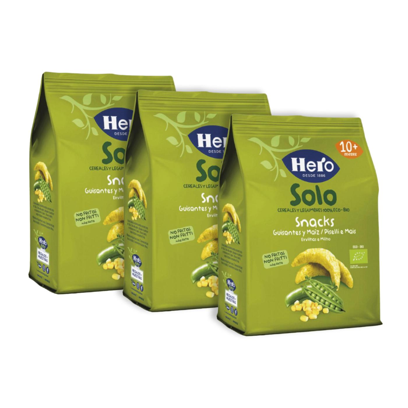 3er-Pack Snacks aus Erbsen und Mais Eco-Bio ab 10 Monaten, Beutel 40 g – Hero Solo
