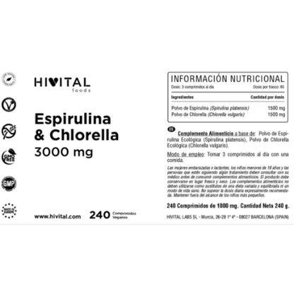 Spirulina och Chlorella 3000 mg 240 veganska tabletter