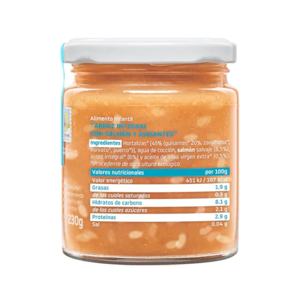 Pakket van 3 potjes volkorenrijst met zalm en erwten ECO CA CHI TOS 230 g, Smileat