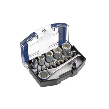 Bit box with socket wrenches and ratchet, belt clip, 17 pieces