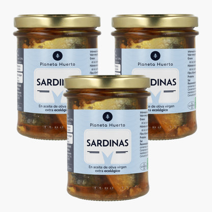 Förpackning 3x Sardiner i olivolja ECO Planeta Huerto 190 g