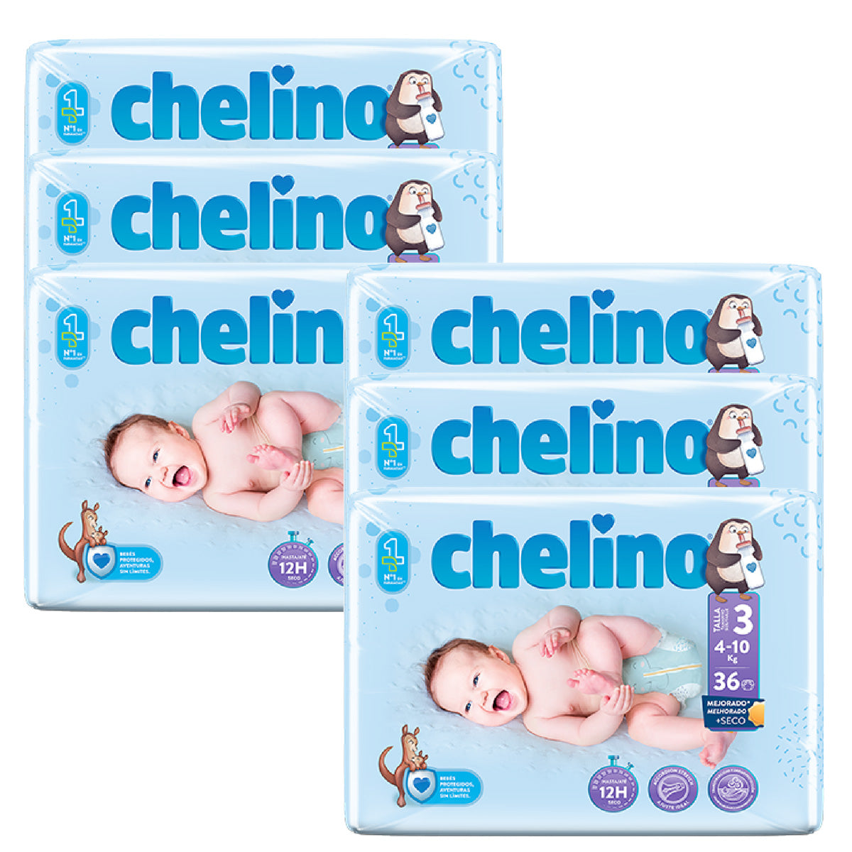 Pack 6 x Couches T3 couchées (4-10 kg) 36 unités, Chelino