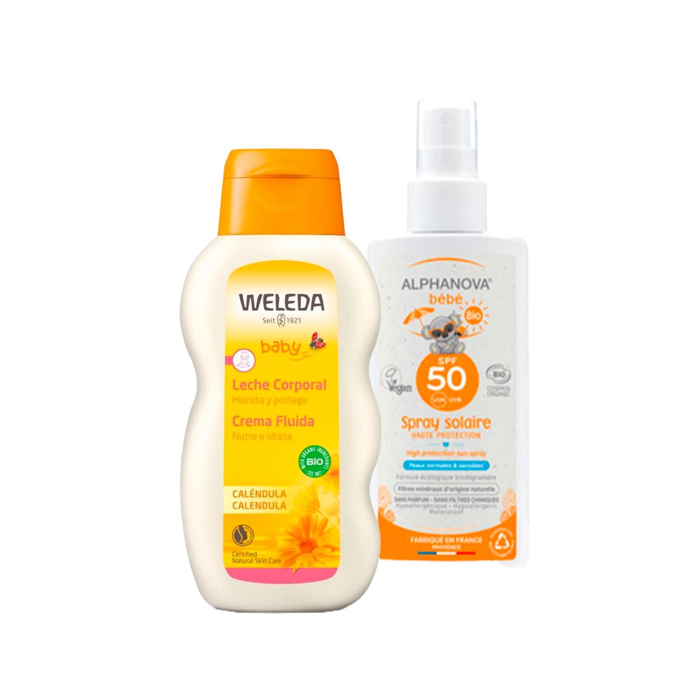 SOMMER-PAKET  Ökologische Sonnencreme für Babys LSF 50 Alphanova 125 ml + Calendula-Körpermilch Weleda, 200 ml