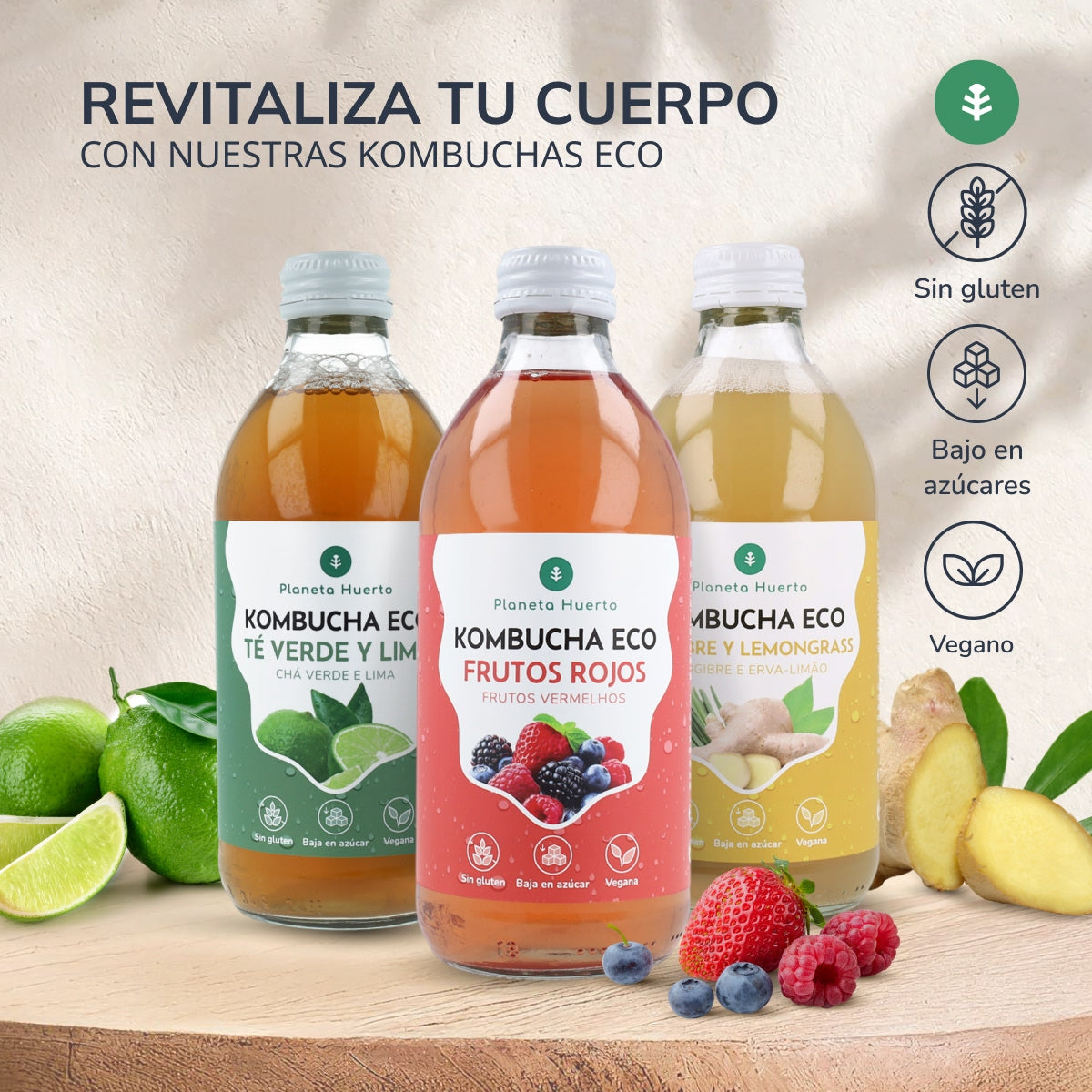 Kombucha ECO groene thee en limoen Planeta Huerto 330 ml