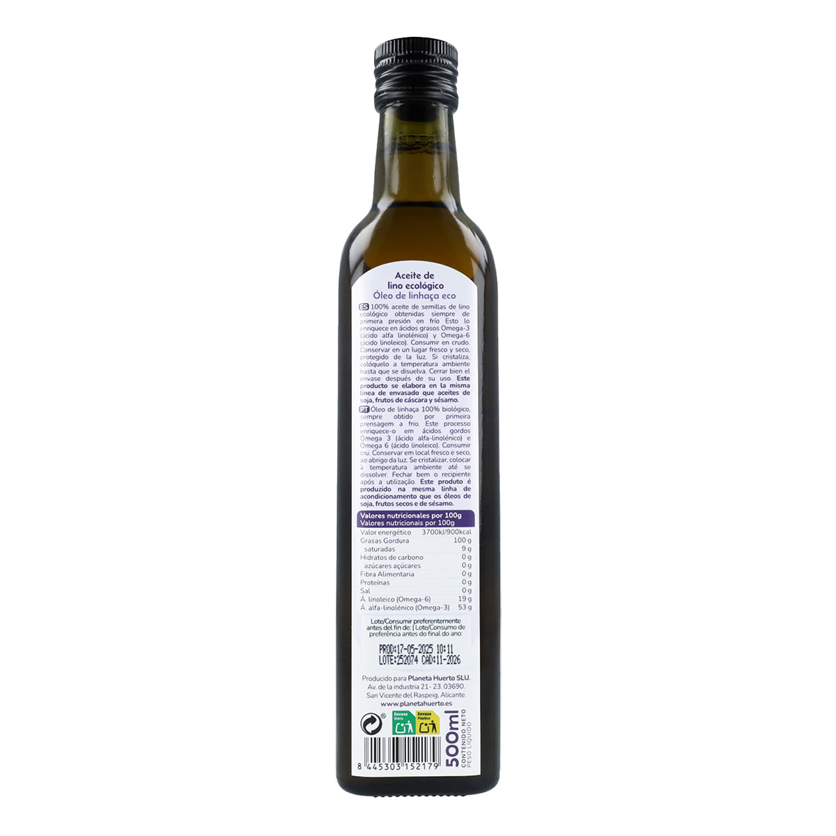 Pack 3x Huile de lin pressée à froid ECO Planeta Huerto 500 ml