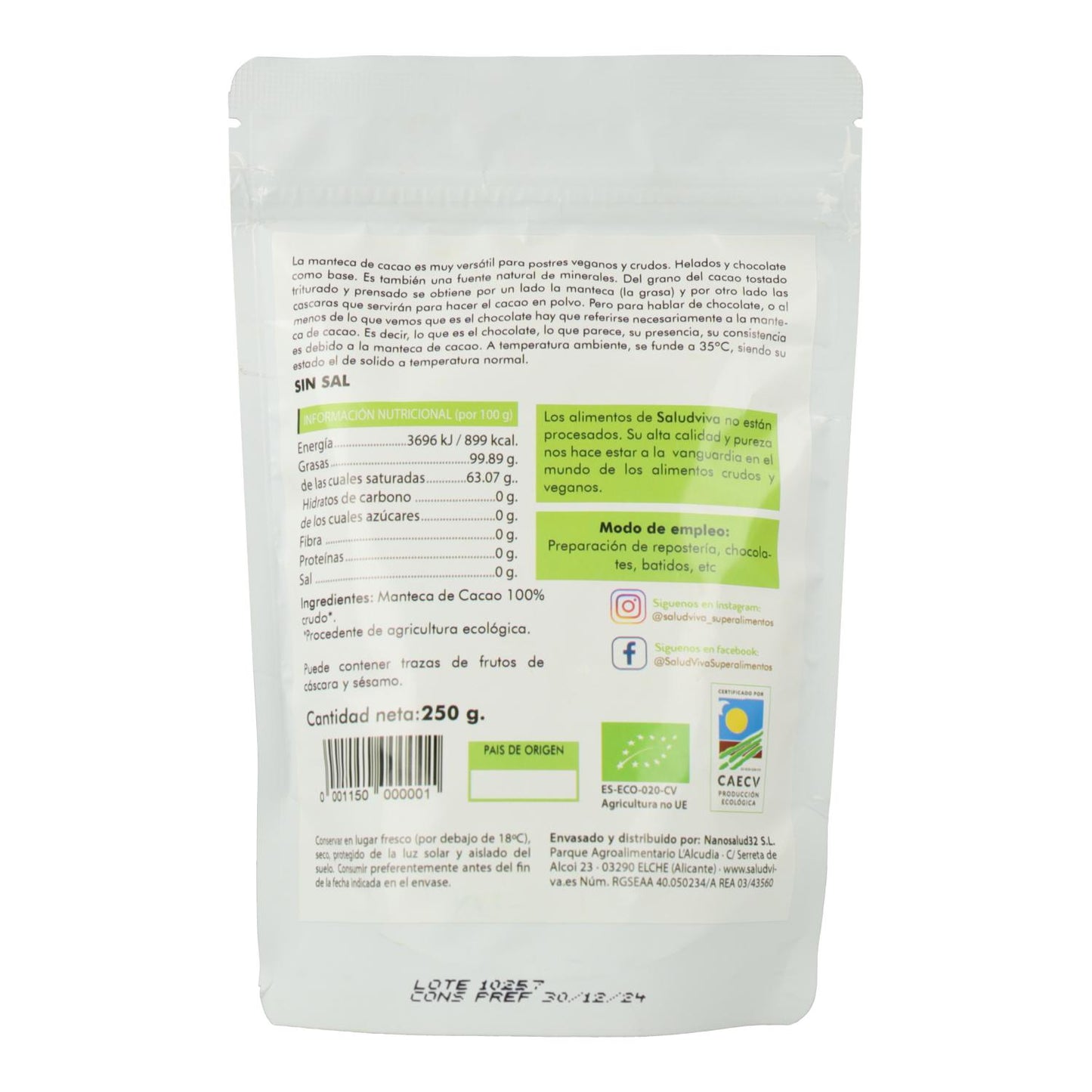 Cacaoboter op ECO-wafeltjes 250 g, Salud Viva