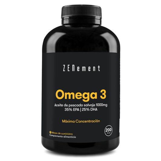 Omega-3 högsta koncentration, vildfångad fiskolja 1000 mg | 35 % EPA | 25 % DHA Zenement, 200 tabletter