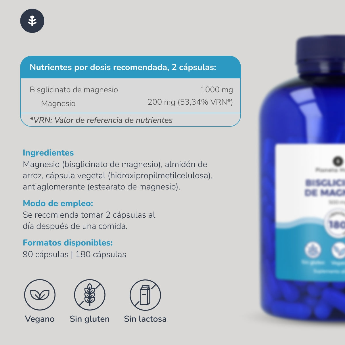 Opakowanie 2xBisglicynian magnezu 500 mg Planeta Huerto 180 kapsułek