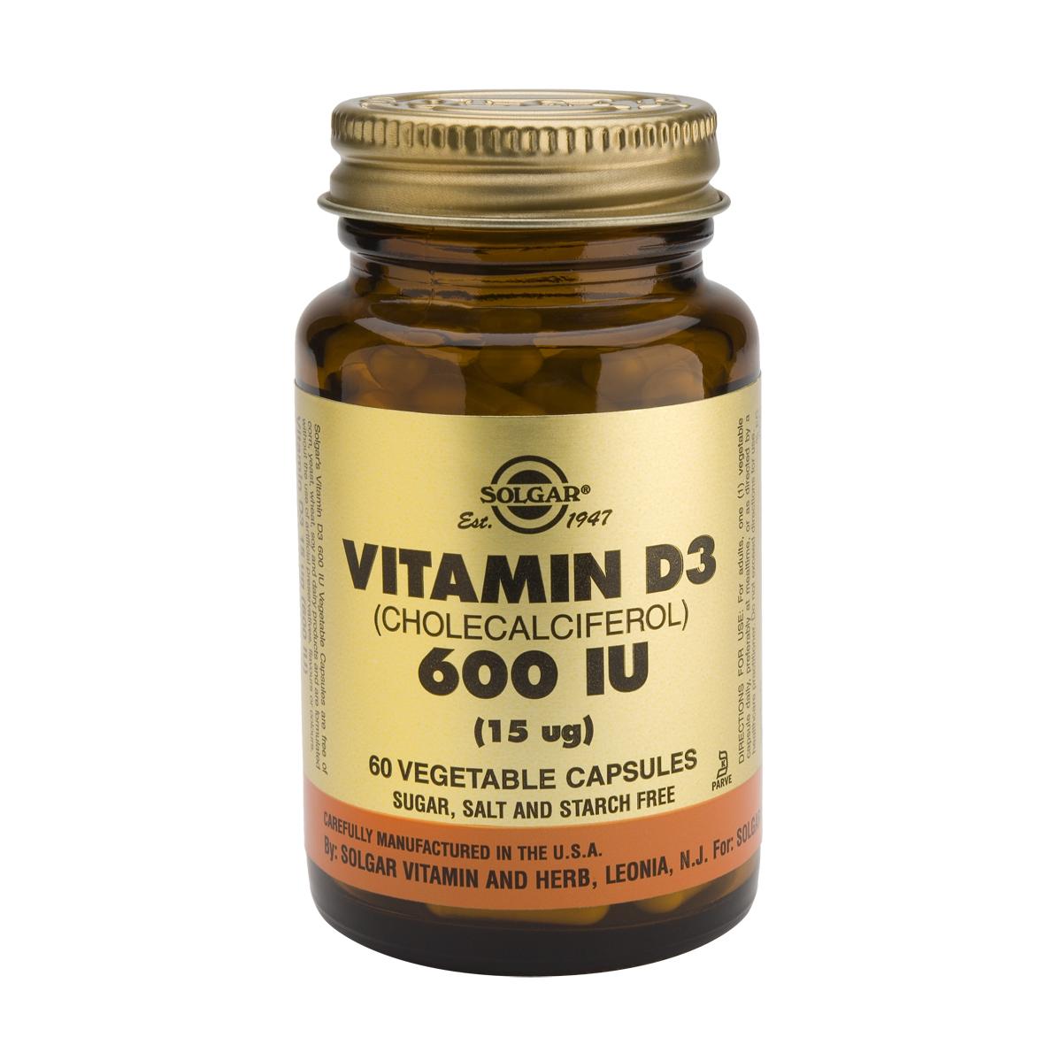 Vitamine D3 600 UI 15 μg Solgar, 60 gélules végétales